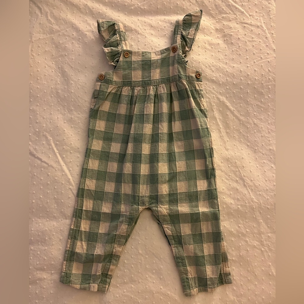 Cyrillus Green and Cream Checkered Baby Girl Overalls